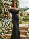 Robe Fourreau Habillée Longue en Crêpe à Épaules Dénudées et Bordure Bijou