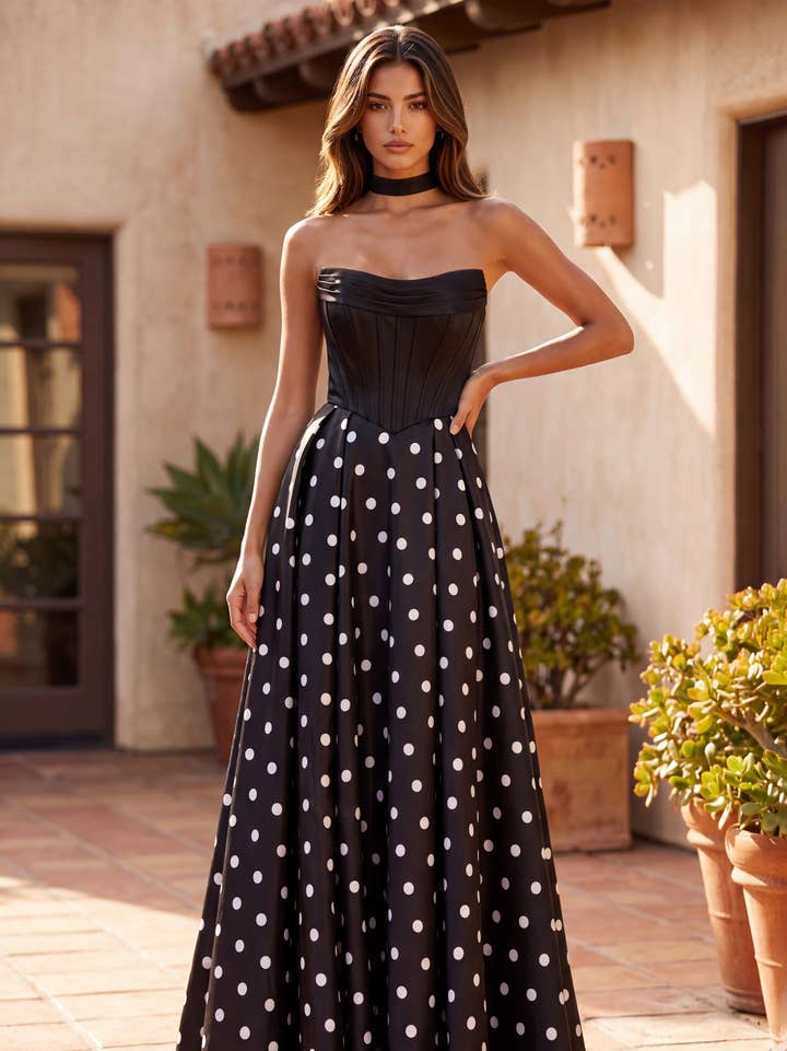 Robe de Bal Longue Bustier à Pois