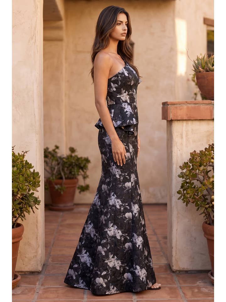 Kos Couture Robe de Soirée Longue Asymétrique à Volants Imprimé Floral Femme