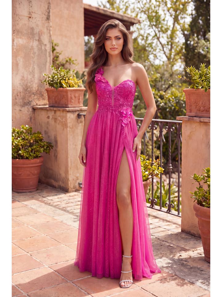 Robe de Bal Asymétrique en Tulle et Dentelle Florale avec Fente
