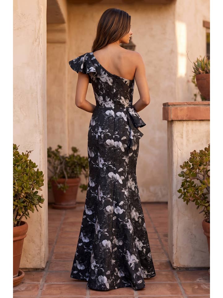 Kos Couture Robe de Soirée Longue Asymétrique à Volants Imprimé Floral Femme
