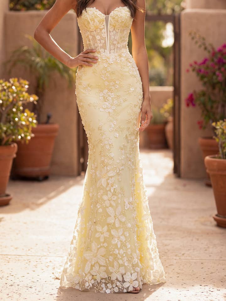 Robe Formelle Bustier de Bal avec Corset Brodé Floral