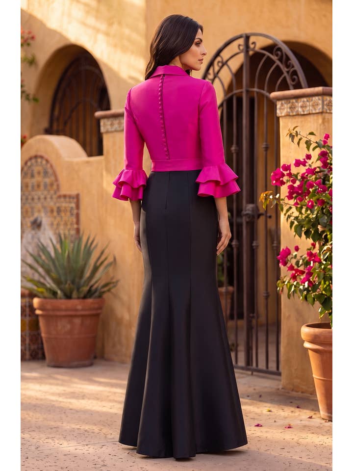 Robe de Soirée Formelle Col en V Manches Longues à Volants