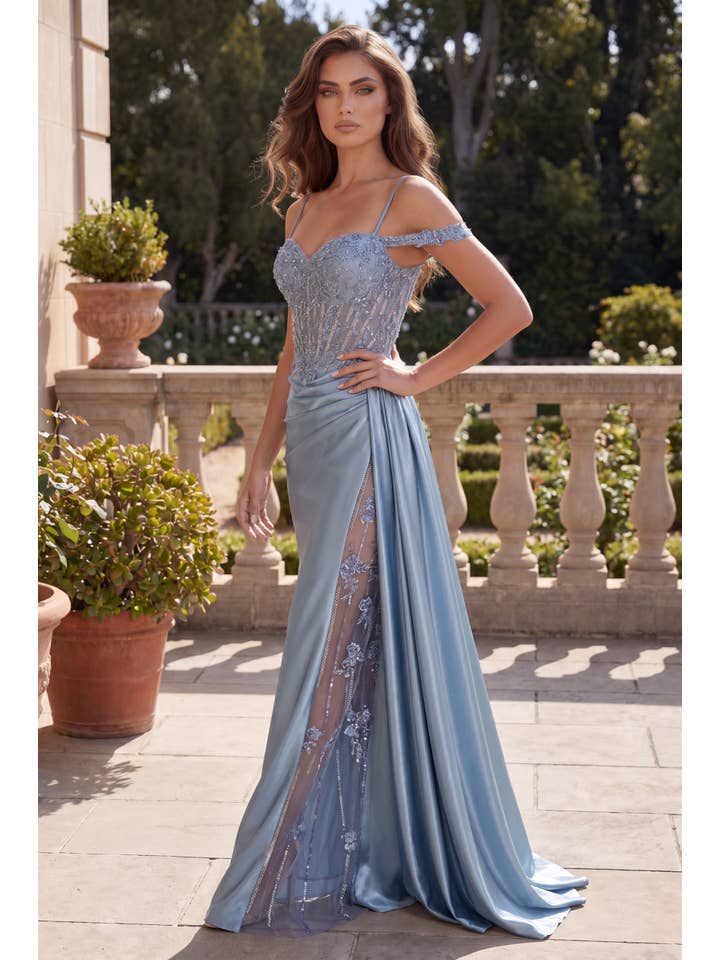 Robe Longue de Bal Corset Avec Fente Drapée Perlée en Gros