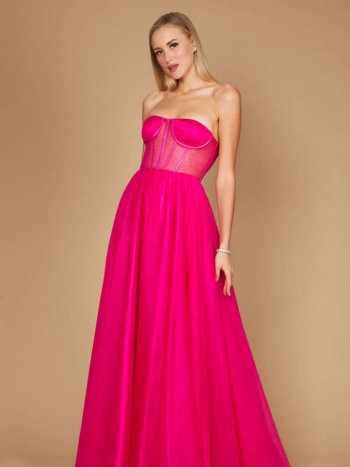 Robe de Bal en Tulle Longue Sans Bretelles Trapèze avec Corset