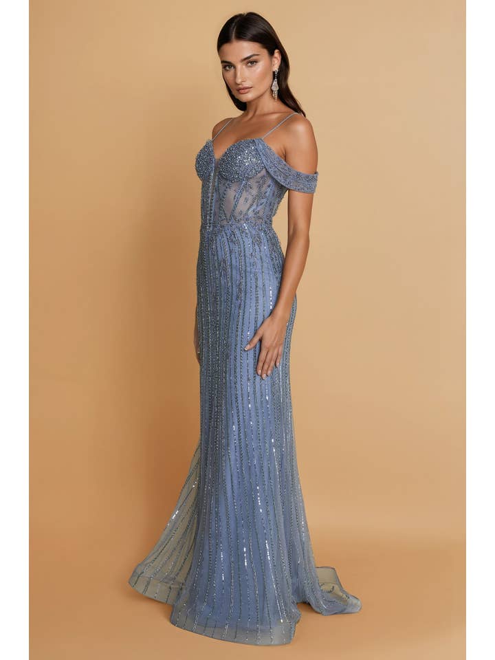 Robe de Soirée Formelle Longue à Épaules Dénudées et Perles Vente en Gros