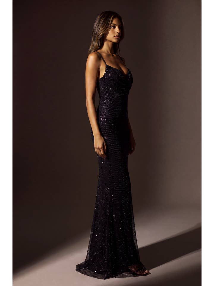 Robe de Soirée Longue à Paillettes avec Découpe Goutte