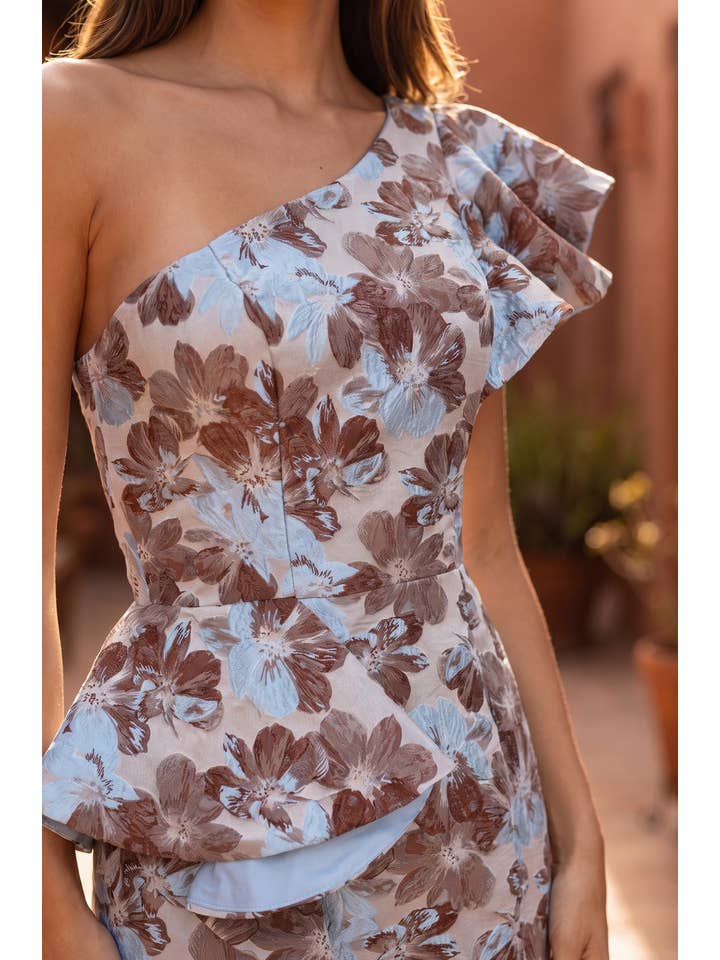 Kos Couture Robe de Soirée Longue Asymétrique à Volants Imprimé Floral Femme