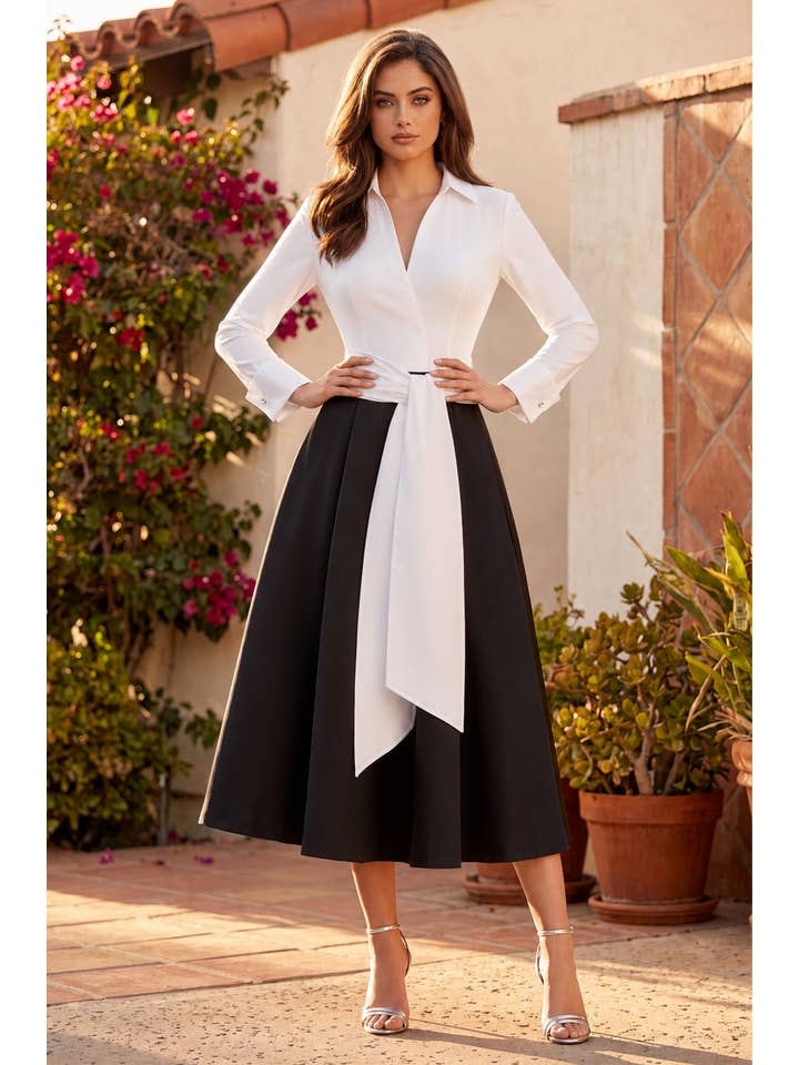 Robe Midi Formelle Bicolore à Manches Longues