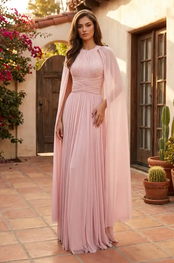 Kos Couture Robe Longue de Soirée Trapèze Manches Cape Femme