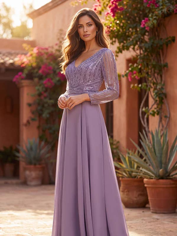 Kos Couture Robe Longue de Soirée Trapèze Manches Longues Femme