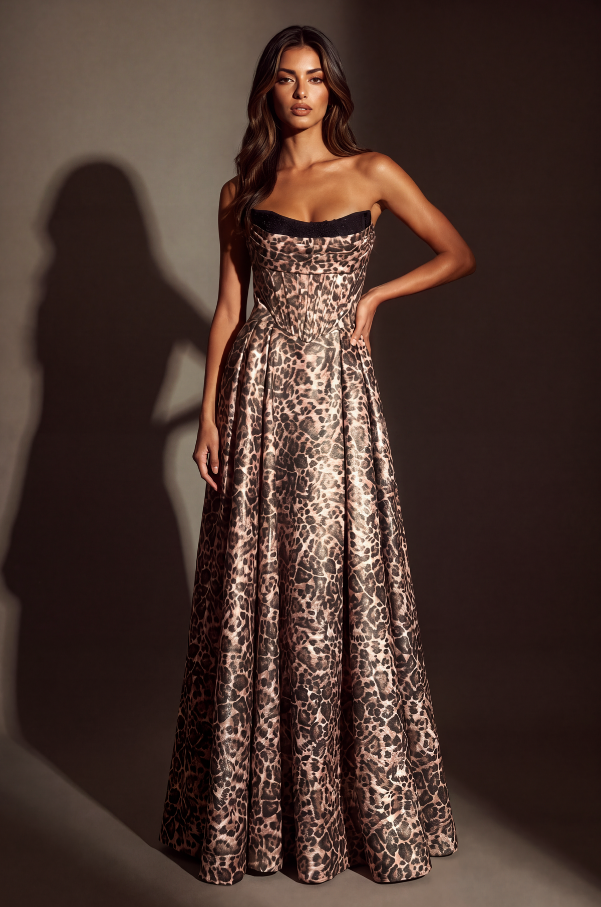 Robe Longue à Imprimé Animalier avec Corset Ajustable