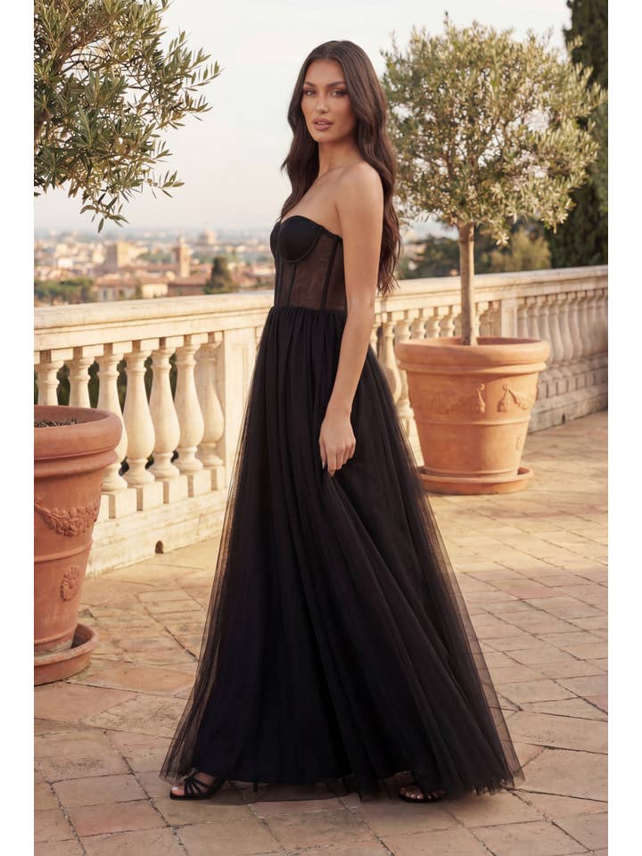 Robe de Bal en Tulle Longue Sans Bretelles Trapèze avec Corset