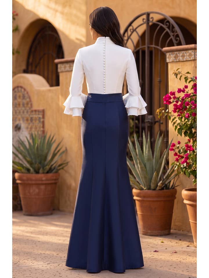 Robe de Soirée Formelle Col en V Manches Longues à Volants