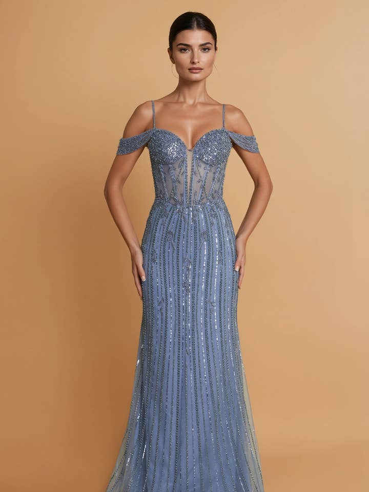 Robe de Soirée Formelle Longue à Épaules Dénudées et Perles Vente en Gros