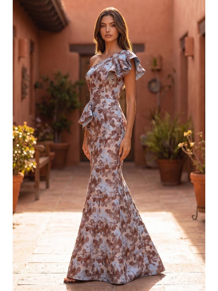 Kos Couture Robe de Soirée Longue Asymétrique à Volants Imprimé Floral Femme