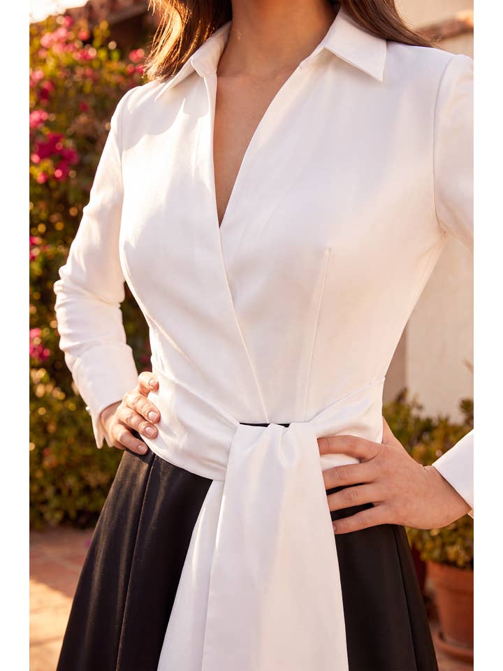 Robe Midi Formelle Bicolore à Manches Longues