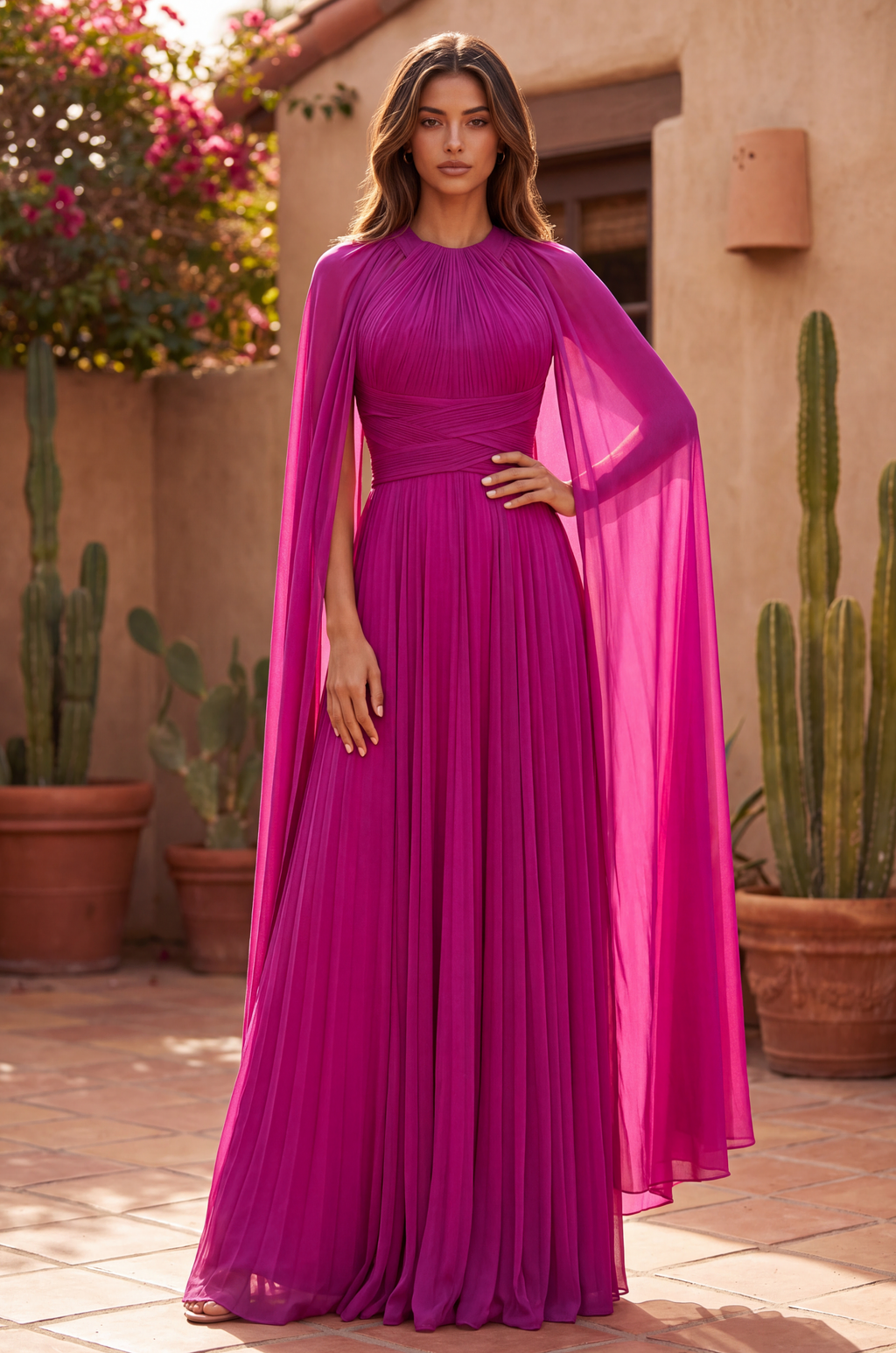 Kos Couture Robe Longue de Soirée Trapèze Manches Cape Femme