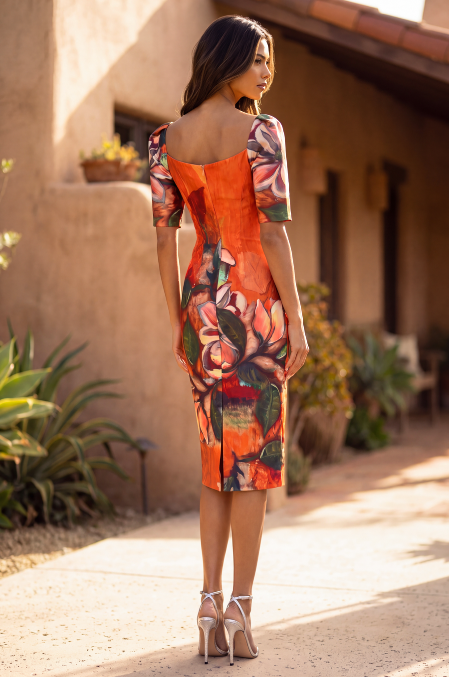 Robe Fourreau Cocktail Midi Imprimée Florale