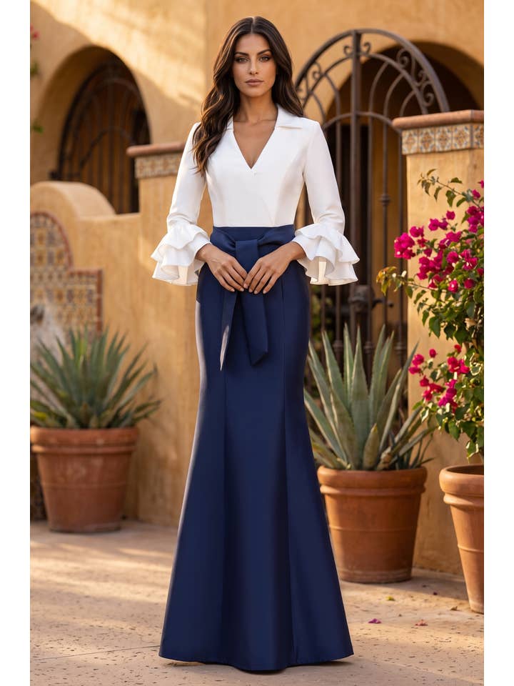 Robe de Soirée Formelle Col en V Manches Longues à Volants