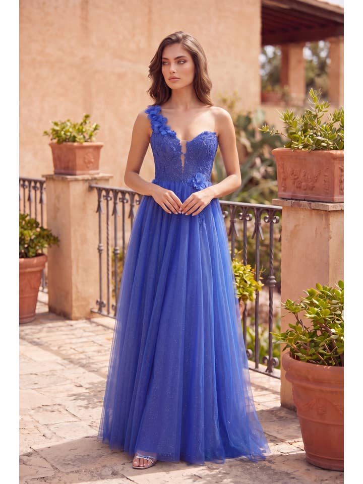 Robe de Bal Asymétrique en Tulle et Dentelle Florale avec Fente