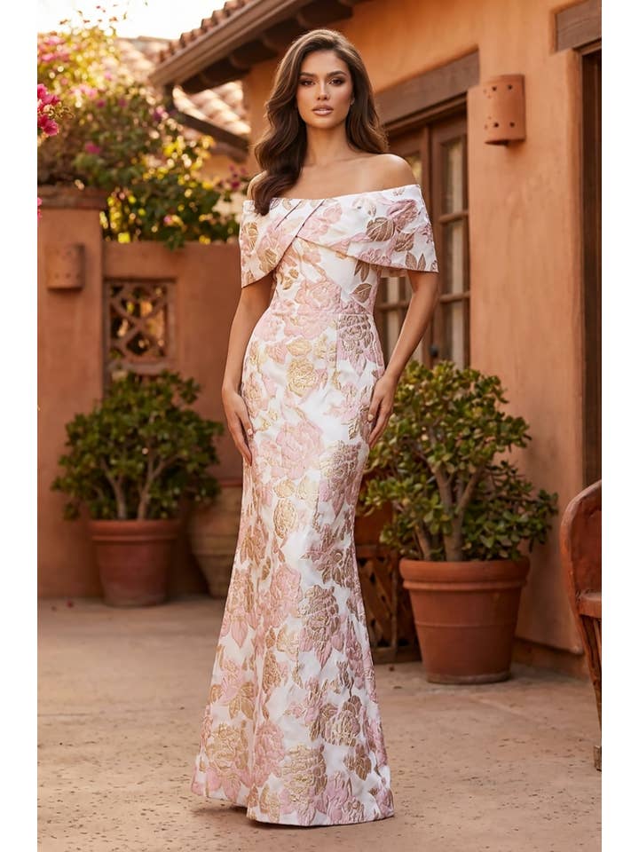 Kos Couture Robe Longue Sirène Épaules Dénudées Jacquard Floral Femme