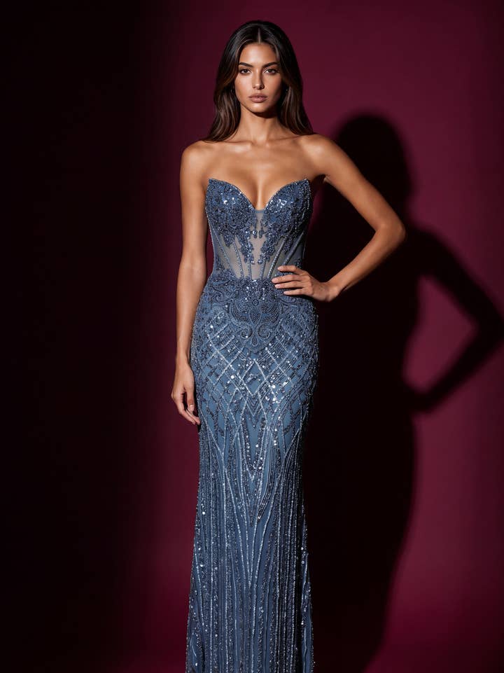 Robe de Soirée Formelle Moulante à Corset et Perles