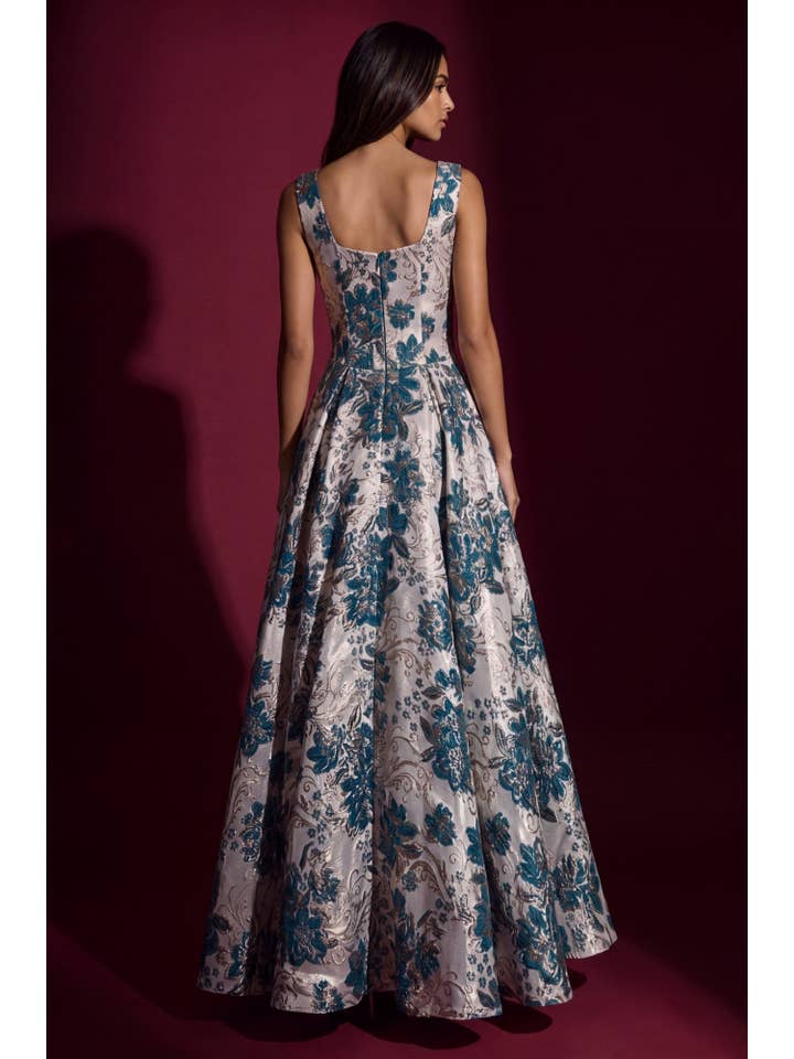 Robe de Soirée Robe de Bal en Jacquard Floral à Encolure Carrée