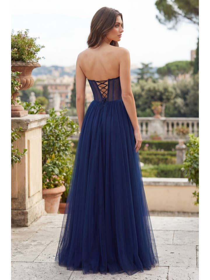 Robe de Bal en Tulle Longue Sans Bretelles Trapèze avec Corset