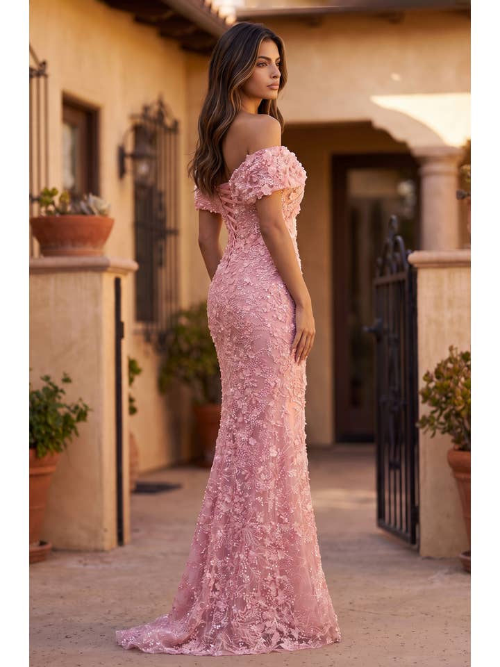 Robe de Soirée Longue Formelle Épaules Dénudées Florale Couture