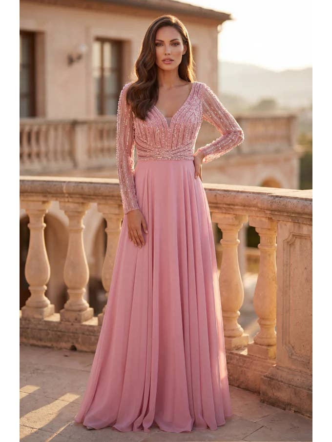 Kos Couture Robe Longue de Soirée Trapèze Manches Longues Femme
