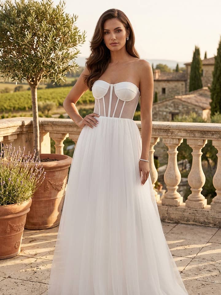 Robe de Bal en Tulle Longue Sans Bretelles Trapèze avec Corset