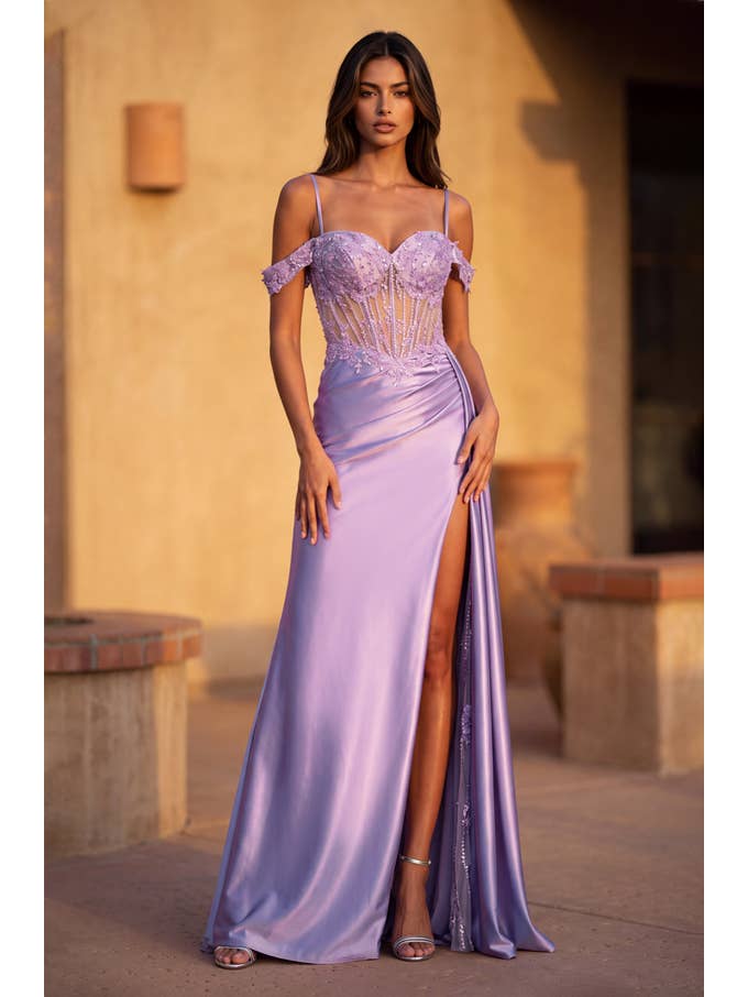 Robe Longue de Bal Corset Avec Fente Drapée Perlée en Gros