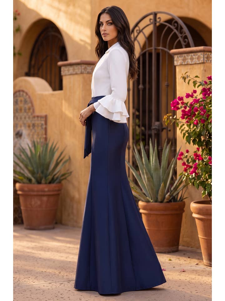Robe de Soirée Formelle Col en V Manches Longues à Volants