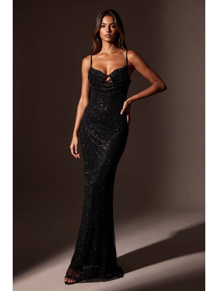 Robe de Soirée Longue à Paillettes avec Découpe Goutte