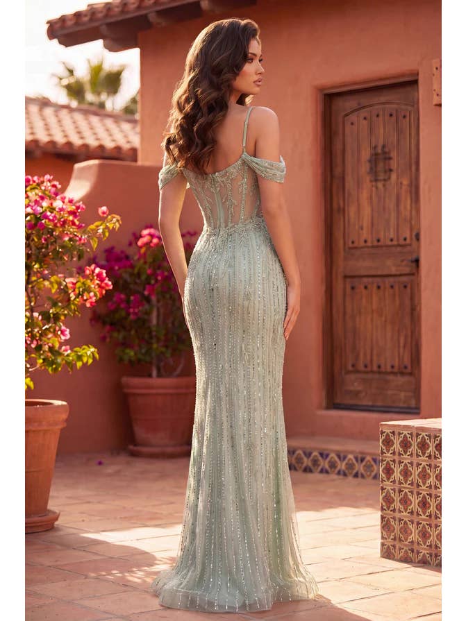 Robe de Soirée Formelle Longue à Épaules Dénudées et Perles Vente en Gros