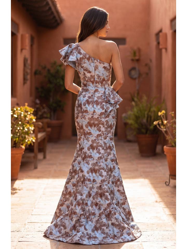 Kos Couture Robe de Soirée Longue Asymétrique à Volants Imprimé Floral Femme