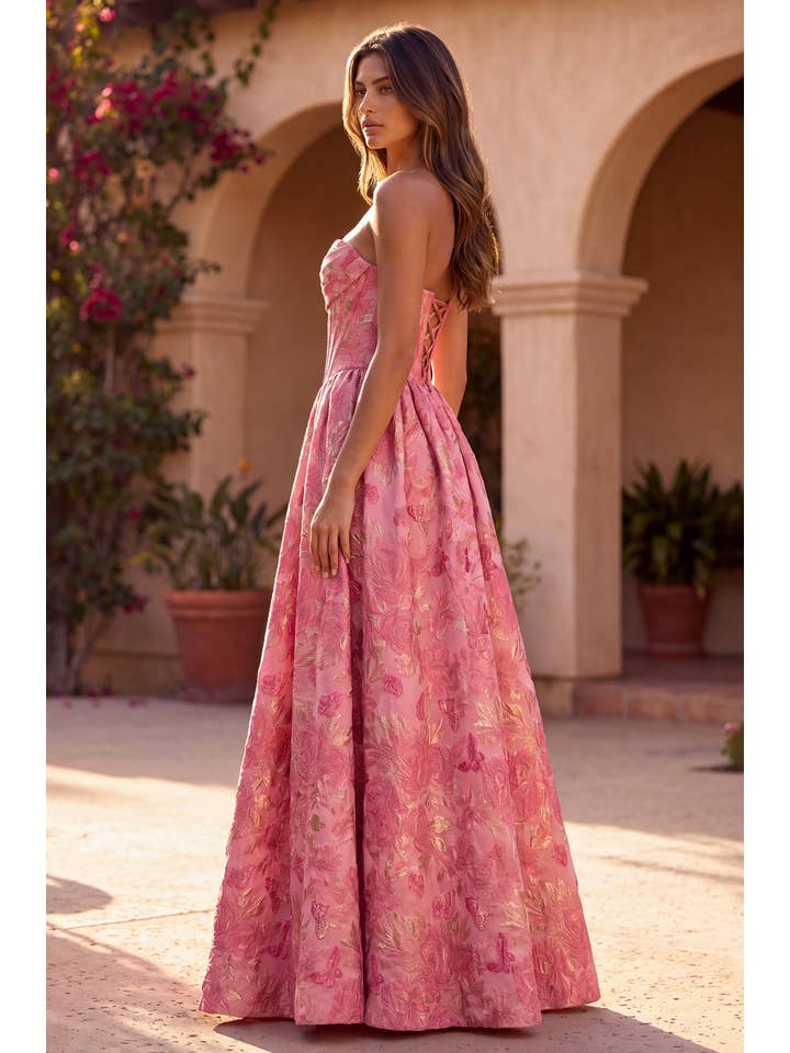 Robe Trapèze Corset en Jacquard Floral avec Métallisé