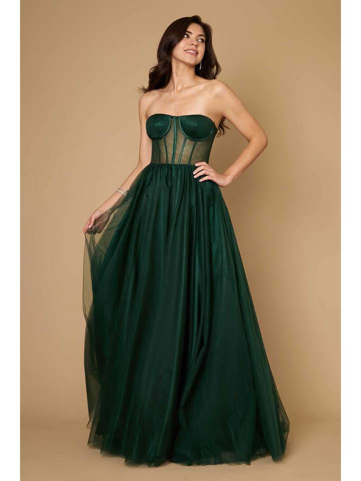 Robe de Bal en Tulle Longue Sans Bretelles Trapèze avec Corset