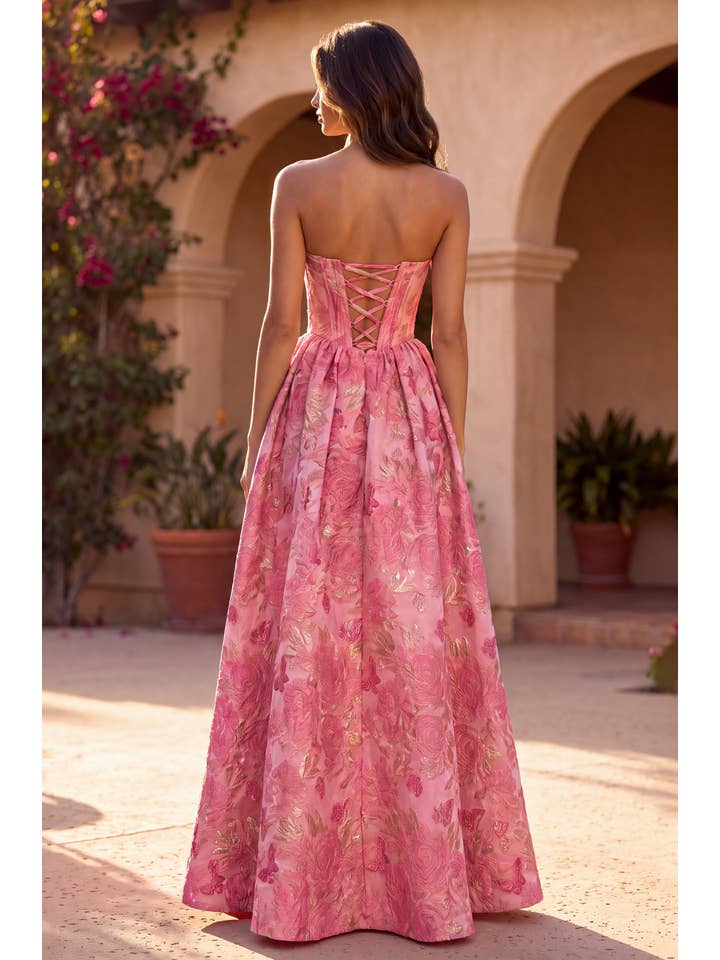 Robe Trapèze Corset en Jacquard Floral avec Métallisé