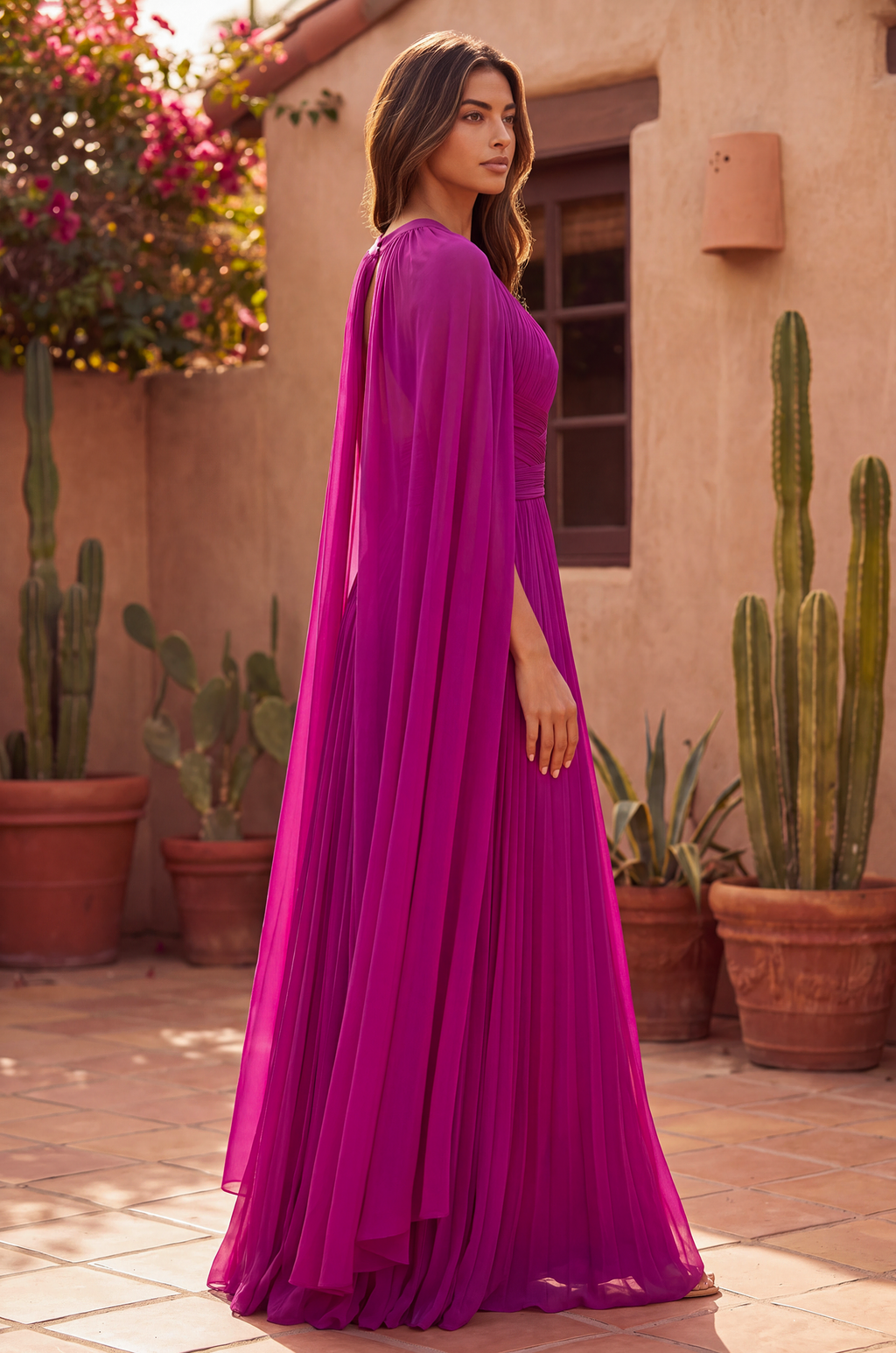 Kos Couture Robe Longue de Soirée Trapèze Manches Cape Femme