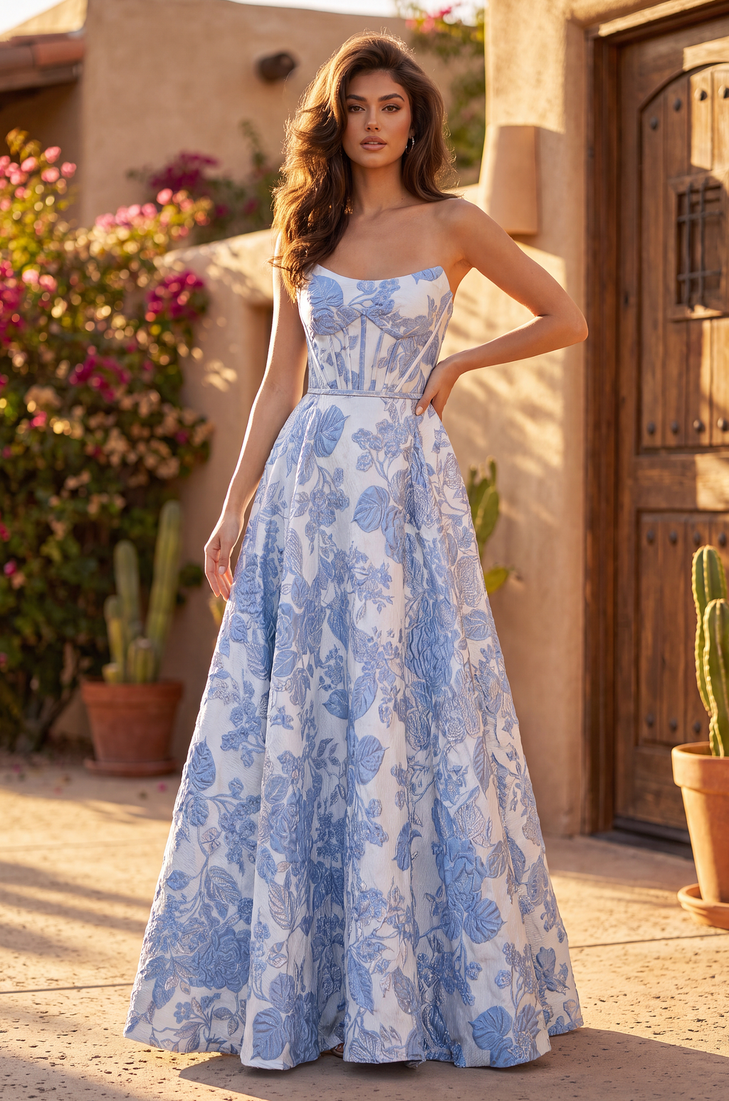 Robe de Bal Longue en Jacquard Floral Sans Bretelles