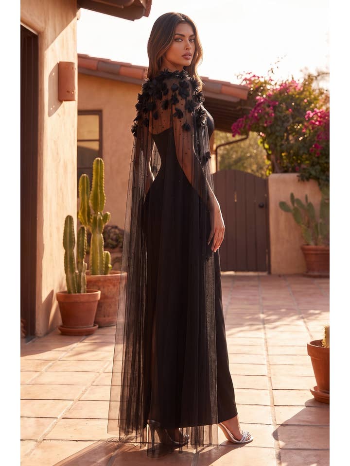Robe de Soirée Longue Ajustée avec Cape en Plumes