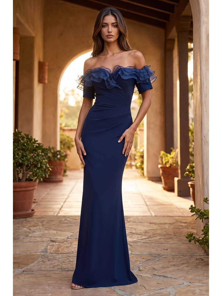 Kos Couture Robe Longue Épaules Dénudées à Volants Femme