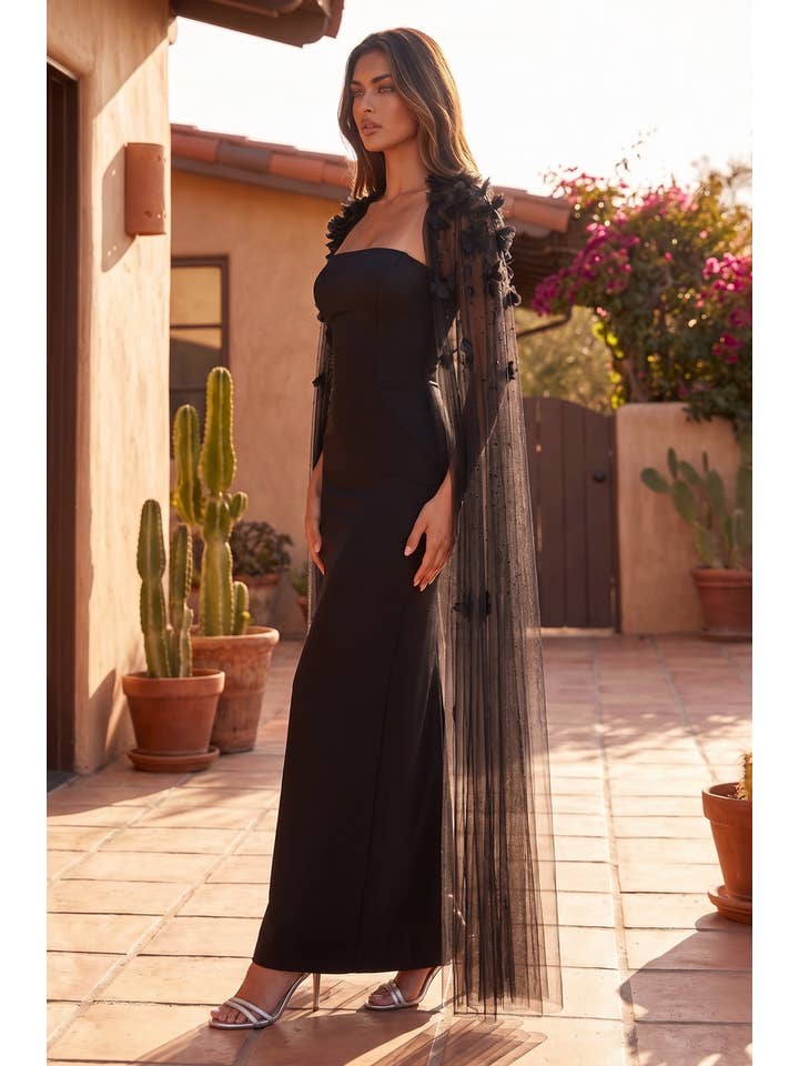 Robe de Soirée Longue Ajustée avec Cape en Plumes