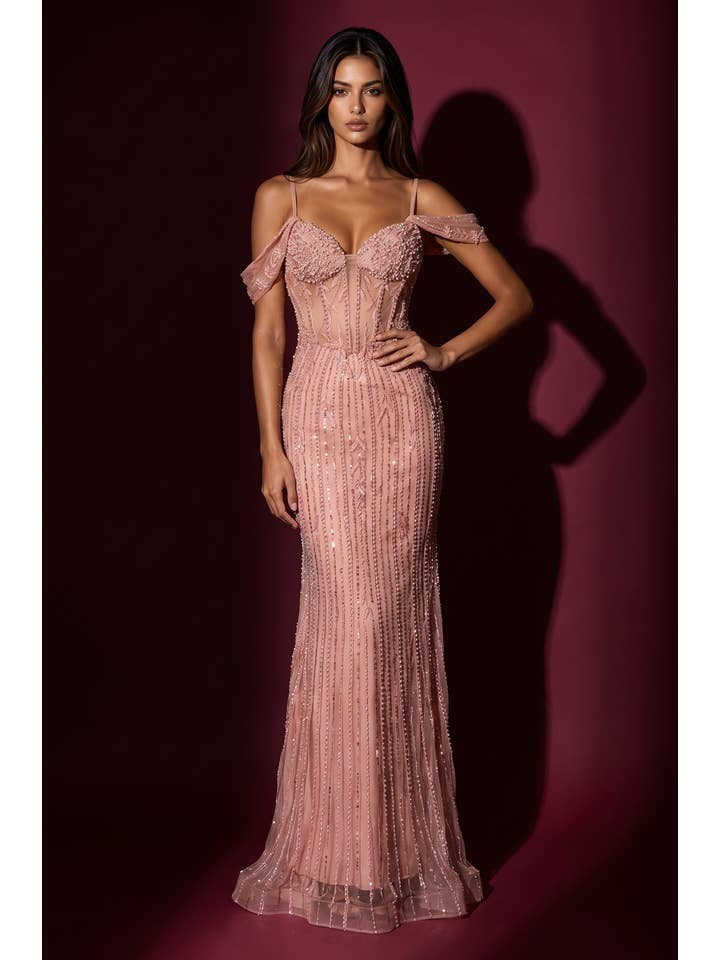 Robe de Soirée Formelle Longue à Épaules Dénudées et Perles Vente en Gros