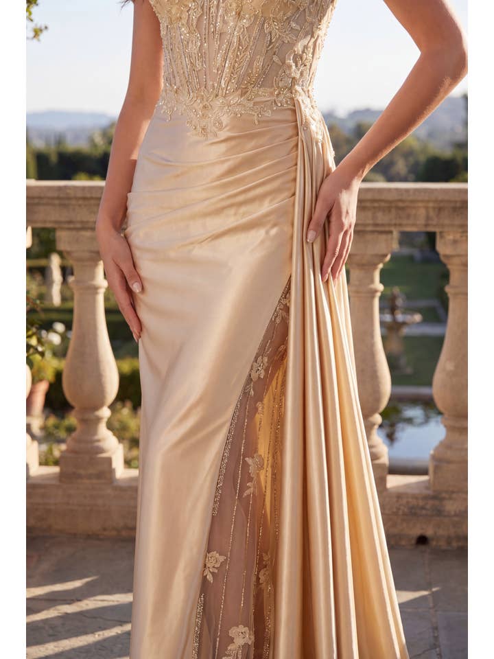 Robe Longue de Bal Corset Avec Fente Drapée Perlée en Gros