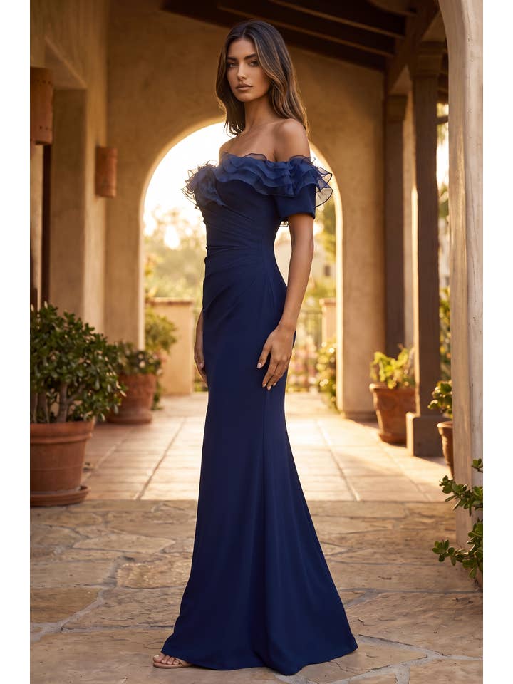 Kos Couture Robe Longue Épaules Dénudées à Volants Femme
