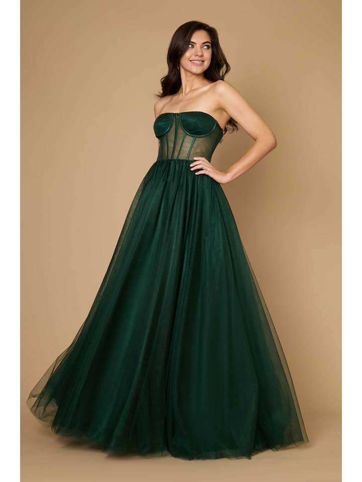 Robe de Bal en Tulle Longue Sans Bretelles Trapèze avec Corset