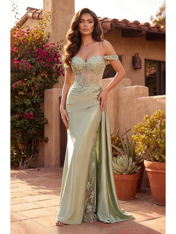 Robe Longue de Bal Corset Avec Fente Drapée Perlée en Gros